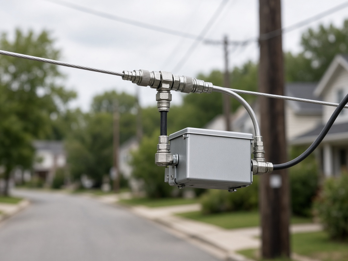 Coax tap hardware hanging from an aerial strand on a residential street.