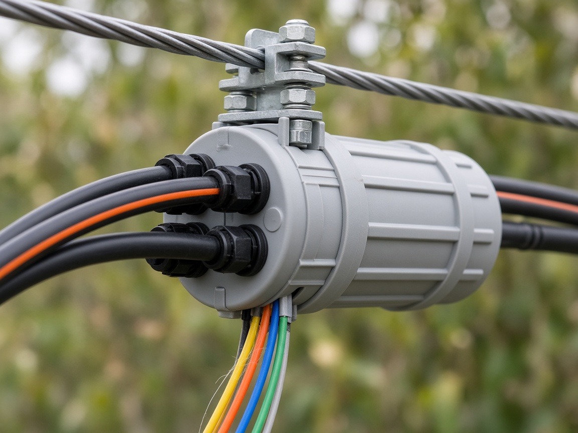 Fiber splice closure and colored buffer tubes on an aerial strand.