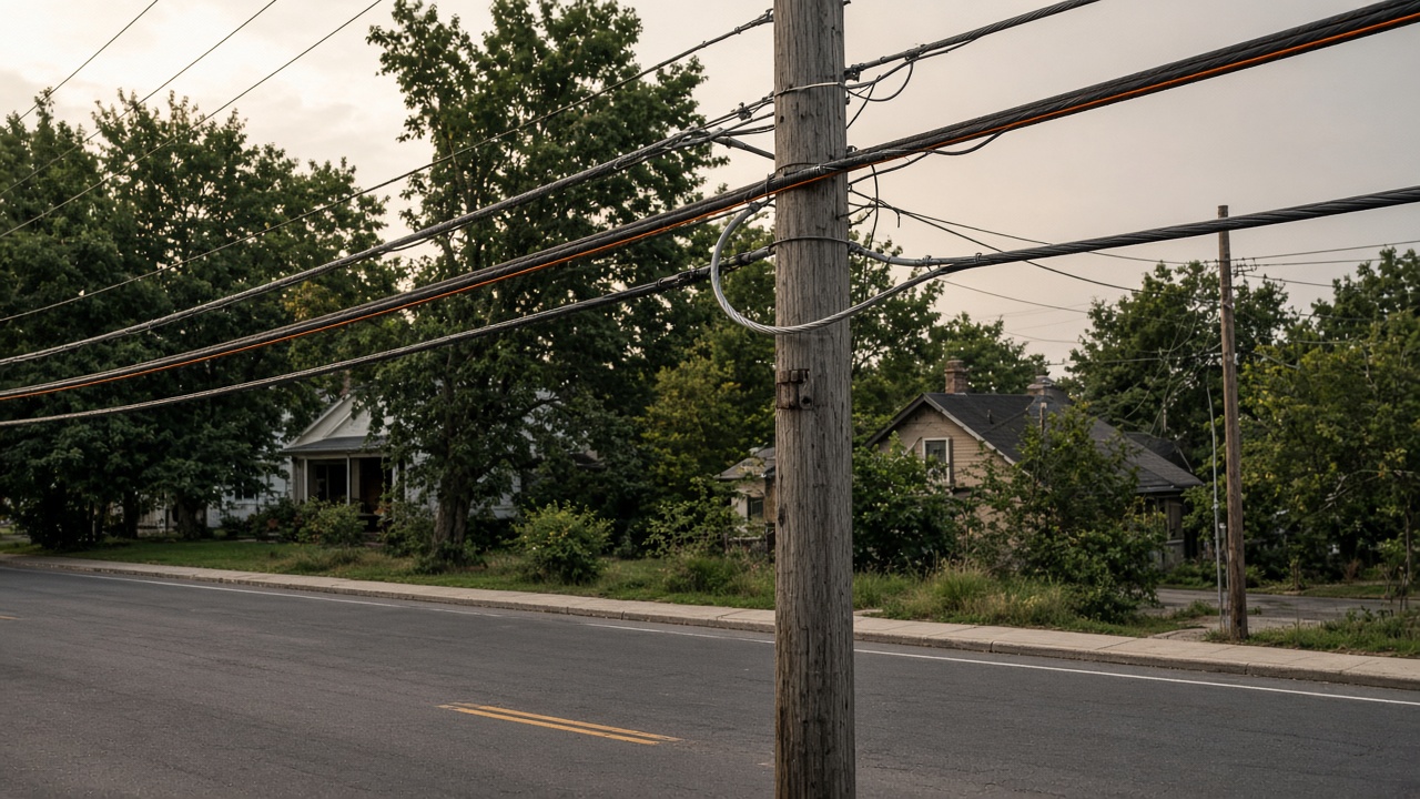 Aerial fiber and coax on a pole line along a residential road.