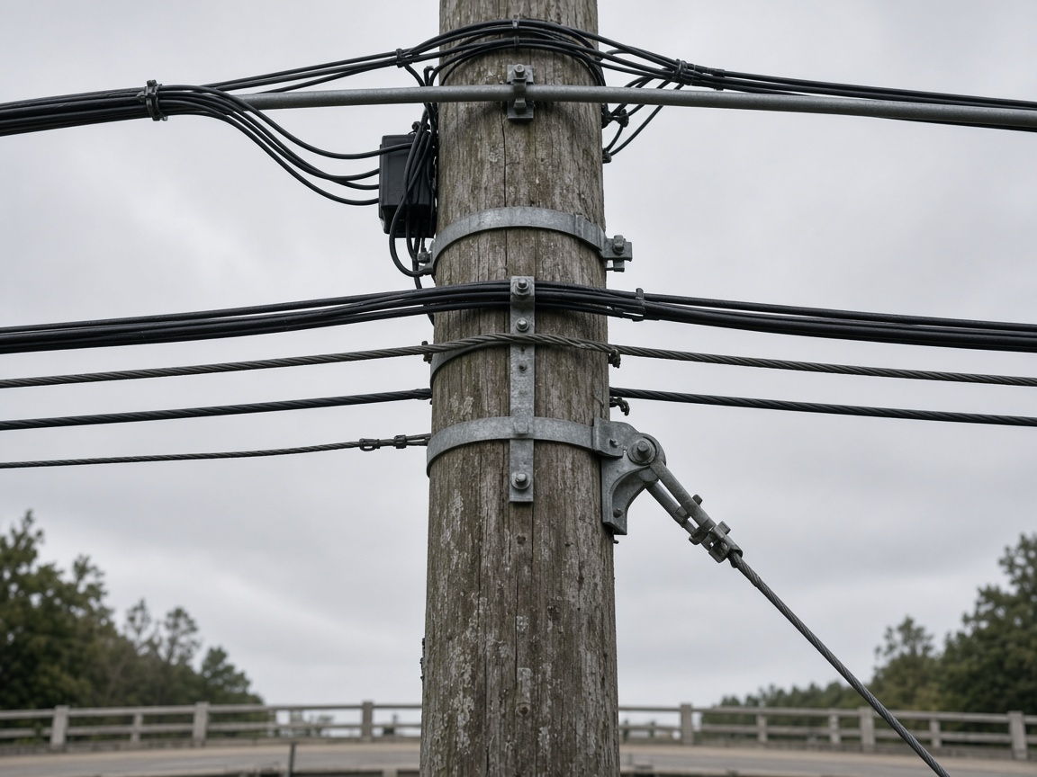Utility pole with communication attachments, a down guy, and a bridge behind it.
